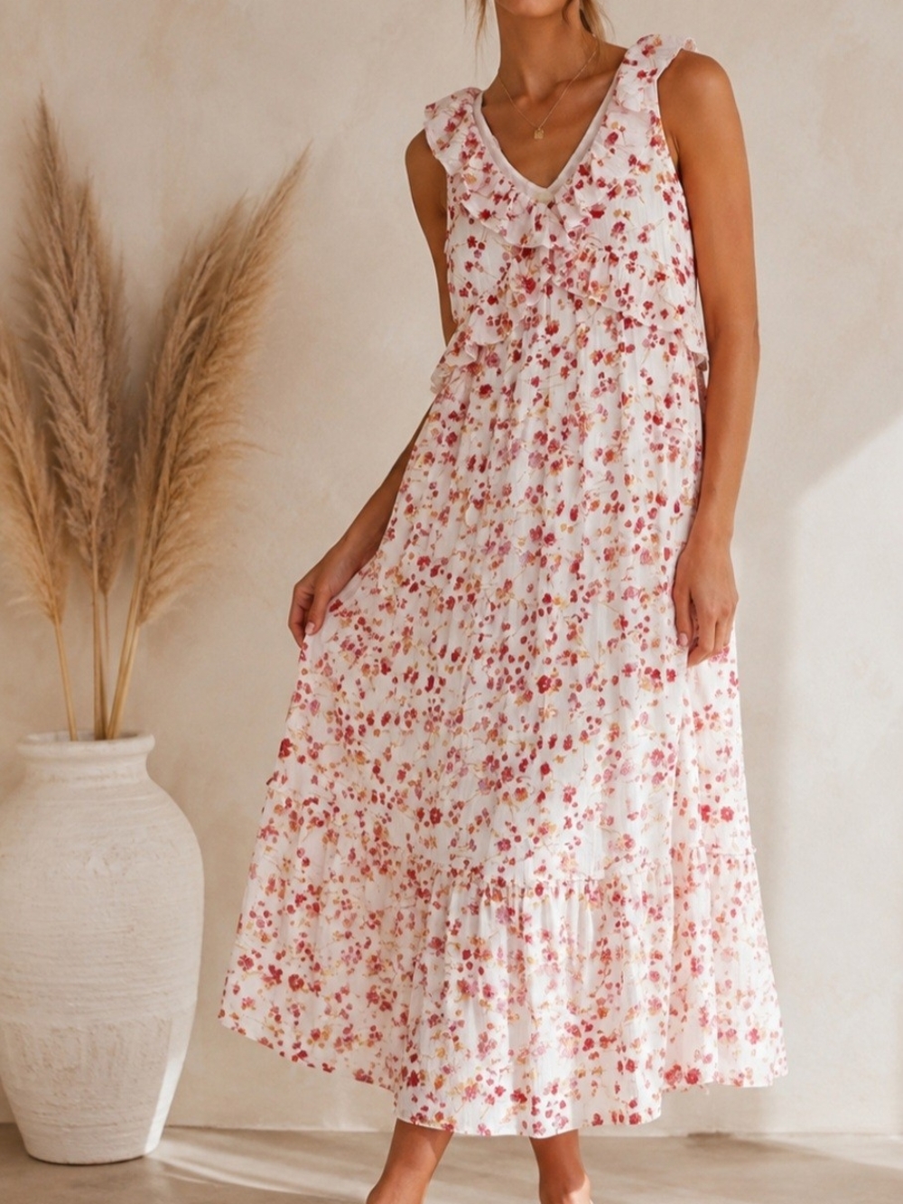 NWT Cream Floral Ruffle Maxi Dress | Romantic Cottagecore | Women's SIZE 42